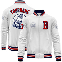 Load image into Gallery viewer, Custom White Red-Navy Bomber Varsity Letterman Zipper Jacket
