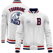 Load image into Gallery viewer, Custom White Navy-Red Bomber Varsity Letterman Zipper Jacket
