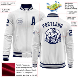 Custom White Navy-Gray Bomber Varsity Letterman Zipper Jacket