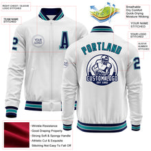 Load image into Gallery viewer, Custom White Navy Gray-Teal Bomber Varsity Letterman Zipper Jacket
