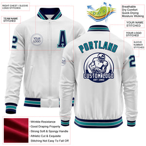 Custom White Navy Gray-Teal Bomber Varsity Letterman Zipper Jacket