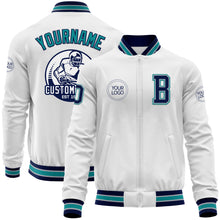 Load image into Gallery viewer, Custom White Navy Gray-Teal Bomber Varsity Letterman Zipper Jacket
