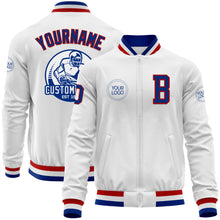 Load image into Gallery viewer, Custom White Royal-Red Bomber Varsity Letterman Zipper Jacket
