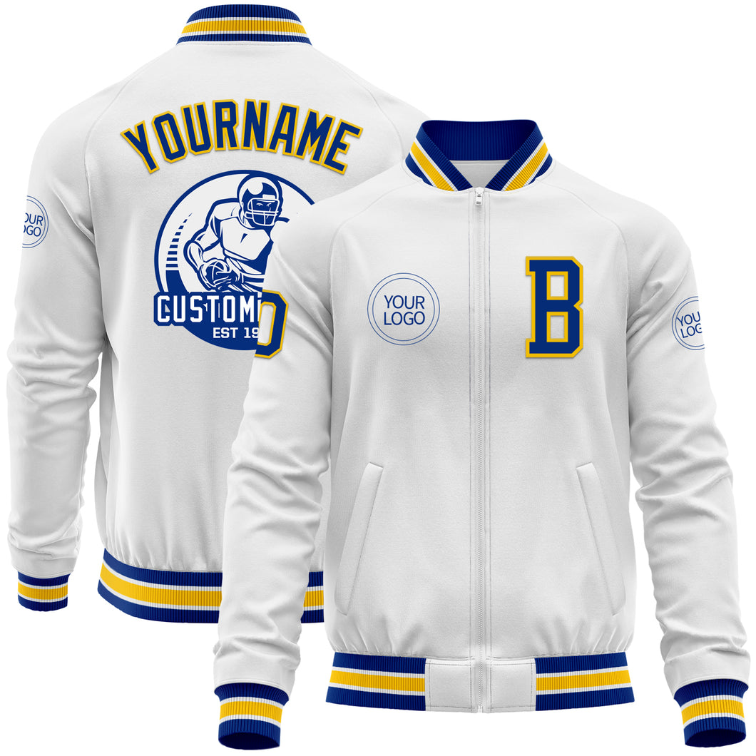 Custom White Royal-Yellow Bomber Varsity Letterman Zipper Jacket