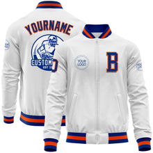 Load image into Gallery viewer, Custom White Royal-Orange Bomber Varsity Letterman Zipper Jacket
