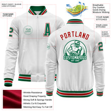 Load image into Gallery viewer, Custom White Kelly Green-Red Bomber Varsity Letterman Zipper Jacket
