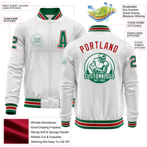 Custom White Kelly Green-Red Bomber Varsity Letterman Zipper Jacket