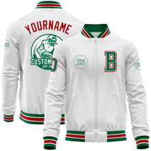 Load image into Gallery viewer, Custom White Kelly Green-Red Bomber Varsity Letterman Zipper Jacket
