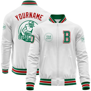 Custom White Kelly Green-Red Bomber Varsity Letterman Zipper Jacket