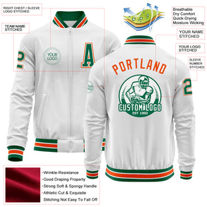 Custom White Kelly Green-Orange Bomber Varsity Letterman Zipper Jacket