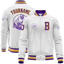 Load image into Gallery viewer, Custom White Purple-Gold Bomber Varsity Letterman Zipper Jacket
