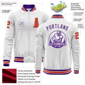 Custom White Orange-Purple Bomber Varsity Letterman Zipper Jacket