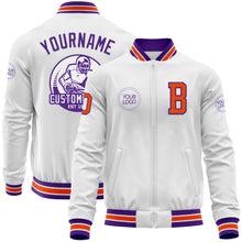 Load image into Gallery viewer, Custom White Orange-Purple Bomber Varsity Letterman Zipper Jacket
