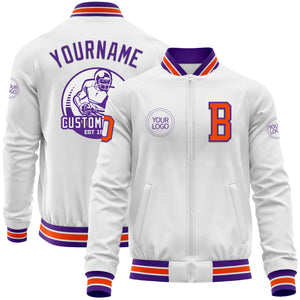 Custom White Orange-Purple Bomber Varsity Letterman Zipper Jacket