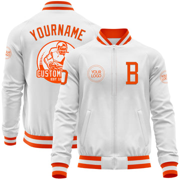 Custom White Orange Bomber Varsity Letterman Zipper Jacket