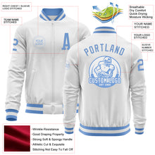 Load image into Gallery viewer, Custom White Light Blue Bomber Varsity Letterman Zipper Jacket
