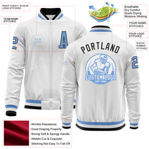 Custom White Light Blue-Black Bomber Varsity Letterman Zipper Jacket