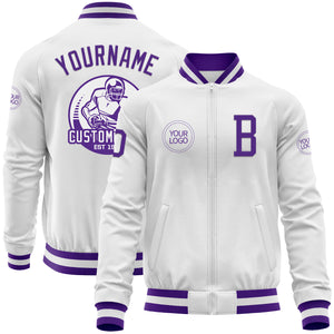 Custom White Purple Bomber Varsity Letterman Zipper Jacket