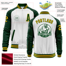 Load image into Gallery viewer, Custom White Gold-Green Bomber Varsity Letterman Two Tone Zipper Jacket
