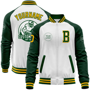 Custom White Gold-Green Bomber Varsity Letterman Two Tone Zipper Jacket