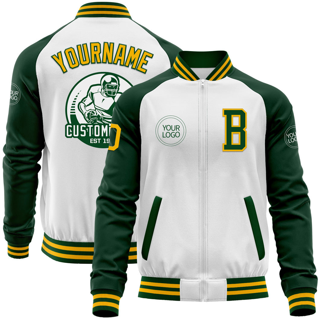 Custom White Gold-Green Bomber Varsity Letterman Two Tone Zipper Jacket