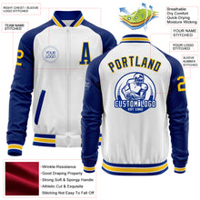 Load image into Gallery viewer, Custom White Yellow-Royal Bomber Varsity Letterman Two Tone Zipper Jacket
