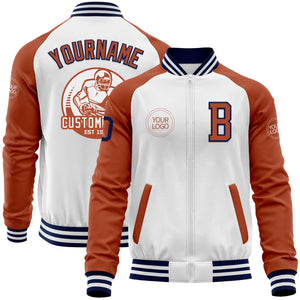 Custom White Navy-Texas Orange Bomber Varsity Letterman Two Tone Zipper Jacket