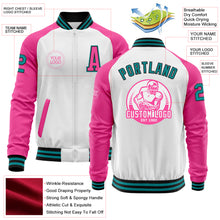 Load image into Gallery viewer, Custom White Teal Black-Pink Bomber Varsity Letterman Two Tone Zipper Jacket
