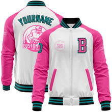 Load image into Gallery viewer, Custom White Teal Black-Pink Bomber Varsity Letterman Two Tone Zipper Jacket
