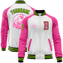 Load image into Gallery viewer, Custom White Neon Green Black-Pink Bomber Varsity Letterman Two Tone Zipper Jacket
