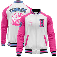 Load image into Gallery viewer, Custom White Light Blue Black-Pink Bomber Varsity Letterman Two Tone Zipper Jacket
