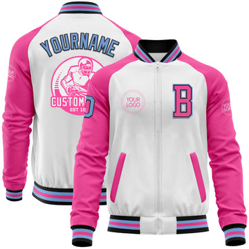 Custom White Light Blue Black-Pink Bomber Varsity Letterman Two Tone Zipper Jacket