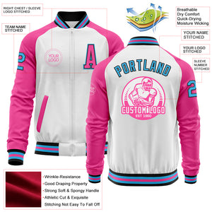 Custom White Sky Blue Black-Pink Bomber Varsity Letterman Two Tone Zipper Jacket