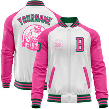 Load image into Gallery viewer, Custom White Kelly Green-Pink Bomber Varsity Letterman Two Tone Zipper Jacket
