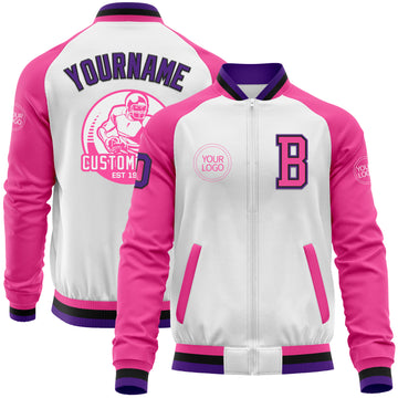 Custom White Purple Black-Pink Bomber Varsity Letterman Two Tone Zipper Jacket