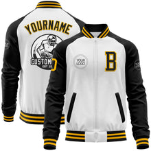 Load image into Gallery viewer, Custom White Gold-Black Bomber Varsity Letterman Two Tone Zipper Jacket
