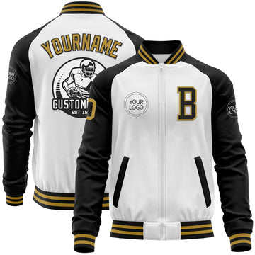 Custom White Old Gold-Black Bomber Varsity Letterman Two Tone Zipper Jacket