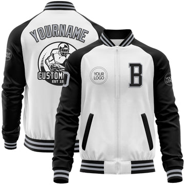 Custom White Gray-Black Bomber Varsity Letterman Two Tone Zipper Jacket