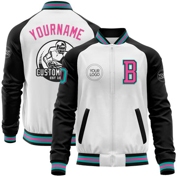 Custom White Aqua Black-Pink Bomber Varsity Letterman Two Tone Zipper Jacket