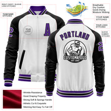 Load image into Gallery viewer, Custom White Purple-Black Bomber Varsity Letterman Two Tone Zipper Jacket
