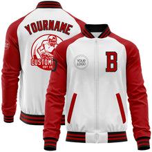 Load image into Gallery viewer, Custom White Black-Red Bomber Varsity Letterman Two Tone Zipper Jacket
