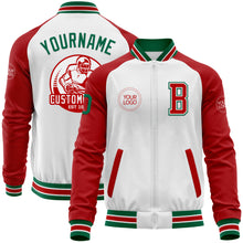 Load image into Gallery viewer, Custom White Kelly Green-Red Bomber Varsity Letterman Two Tone Zipper Jacket
