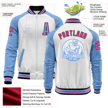 Load image into Gallery viewer, Custom White Pink Black-Light Blue Bomber Varsity Letterman Two Tone Zipper Jacket
