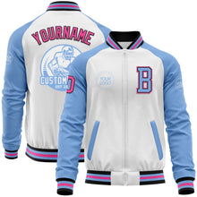 Load image into Gallery viewer, Custom White Pink Black-Light Blue Bomber Varsity Letterman Two Tone Zipper Jacket
