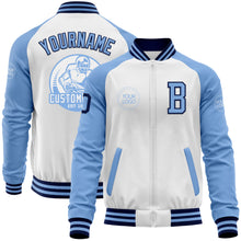 Load image into Gallery viewer, Custom White Navy-Light Blue Bomber Varsity Letterman Two Tone Zipper Jacket
