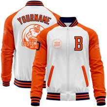 Load image into Gallery viewer, Custom White Navy-Orange Bomber Varsity Letterman Two Tone Zipper Jacket
