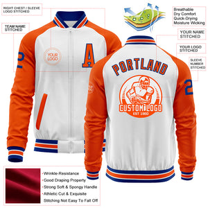 Custom White Royal-Orange Bomber Varsity Letterman Two Tone Zipper Jacket