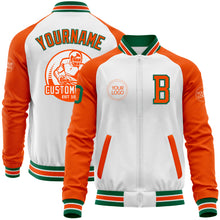 Load image into Gallery viewer, Custom White Kelly Green-Orange Bomber Varsity Letterman Two Tone Zipper Jacket
