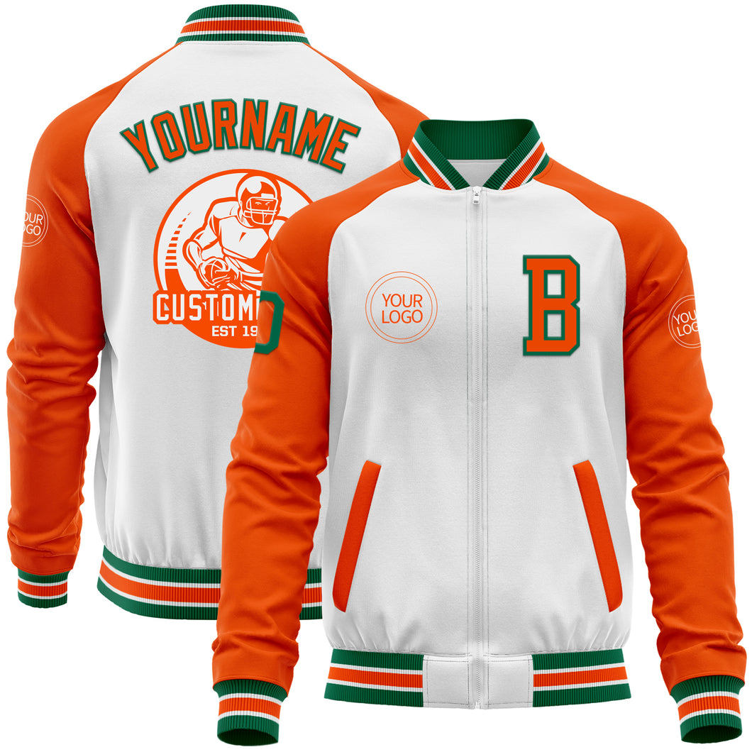 Custom White Kelly Green-Orange Bomber Varsity Letterman Two Tone Zipper Jacket