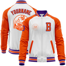 Load image into Gallery viewer, Custom White Purple-Orange Bomber Varsity Letterman Two Tone Zipper Jacket
